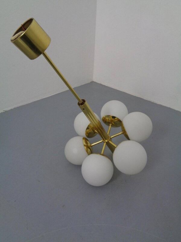 Sputnik Brass and Glass Ceiling Chandelier from Kaiser Idell / Kaiser Leuchten, Germany, 1960s