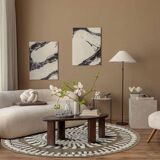 Round jute rug with white relief patterns, 70 cm