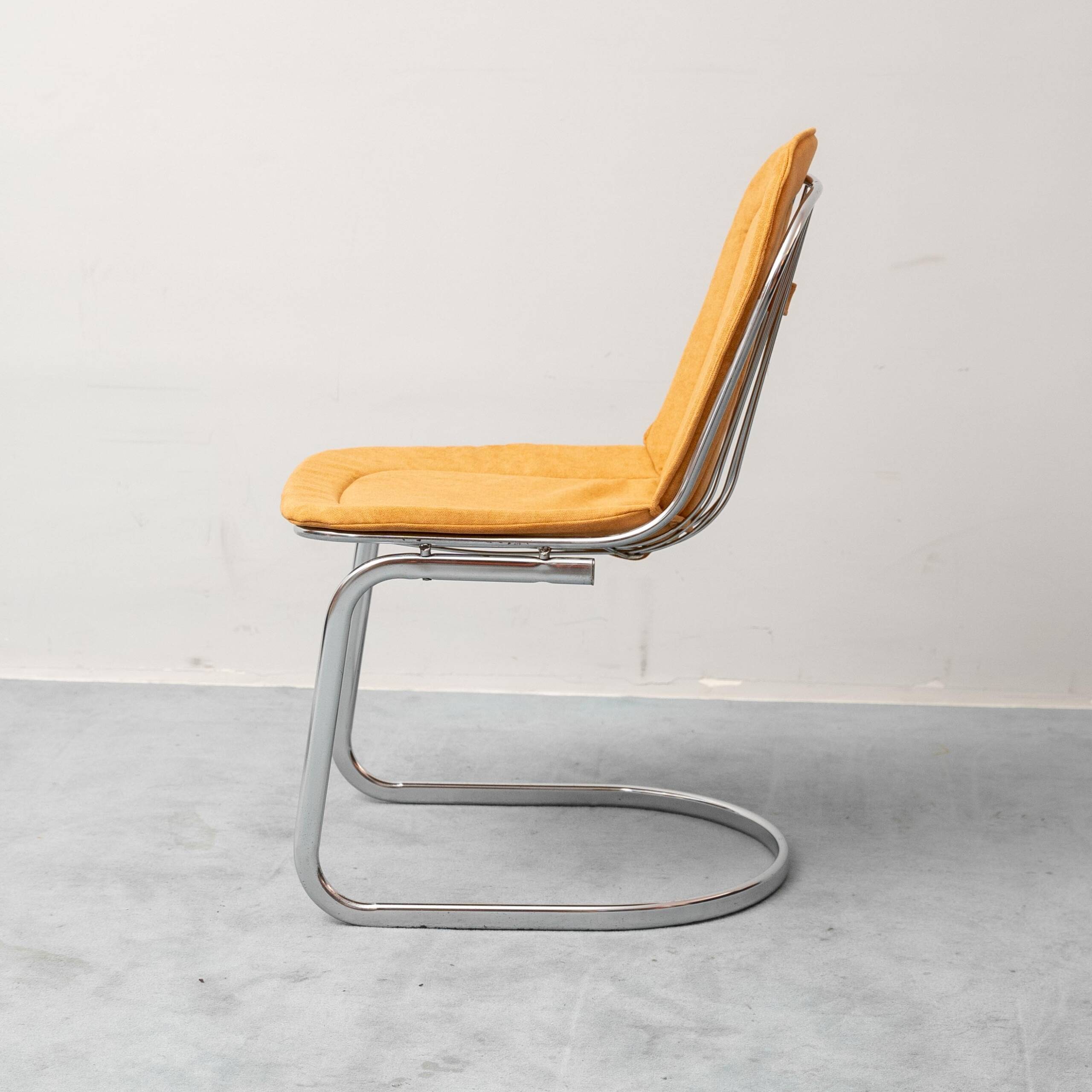 Set of 4 vintage Gastone Rinaldi chairs in chromed steel and yellow fabric, 1970s modernism