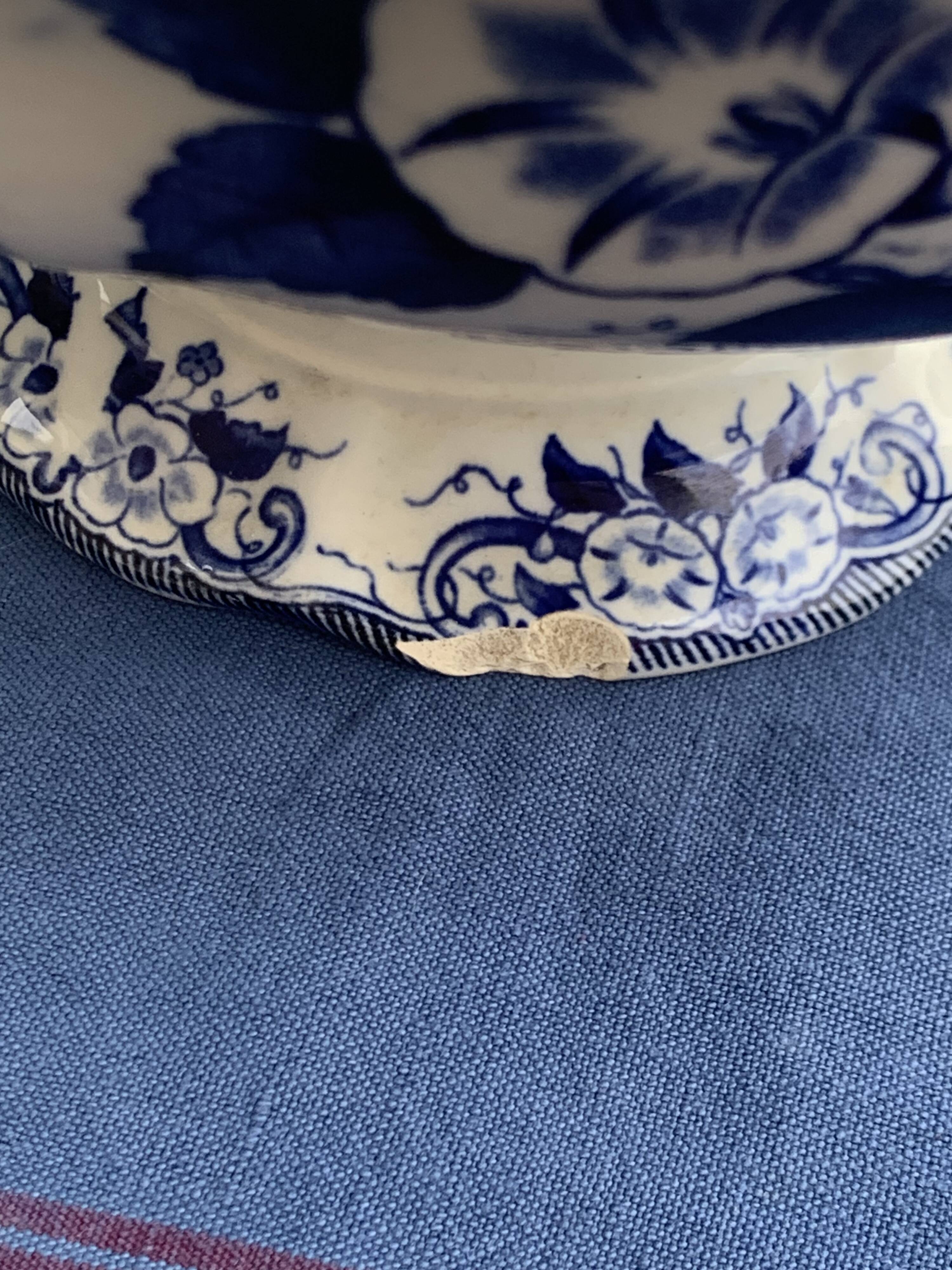 Antique salad bowl, Creil and Montereau, in earthenware, Flora model with blue bindweed, 19th century