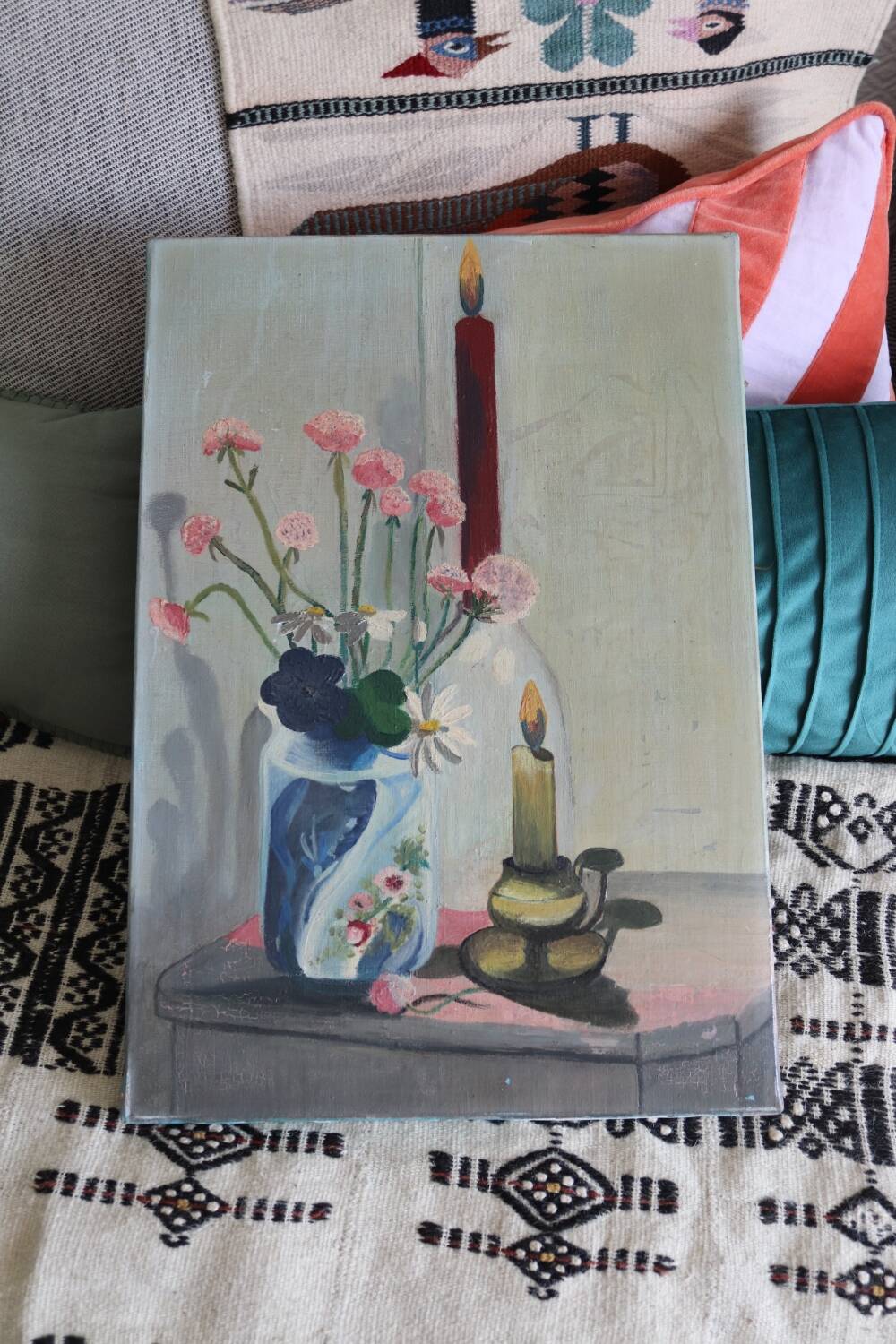 Tableau Huile sur toile bouquet de fleurs et bougies vintage