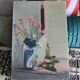 Tableau Huile sur toile bouquet de fleurs et bougies vintage