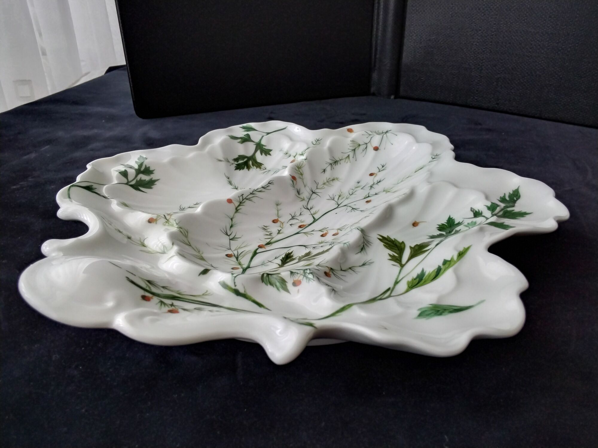 Compartmented bowl in Limoges porcelain. Aromatic plant decor