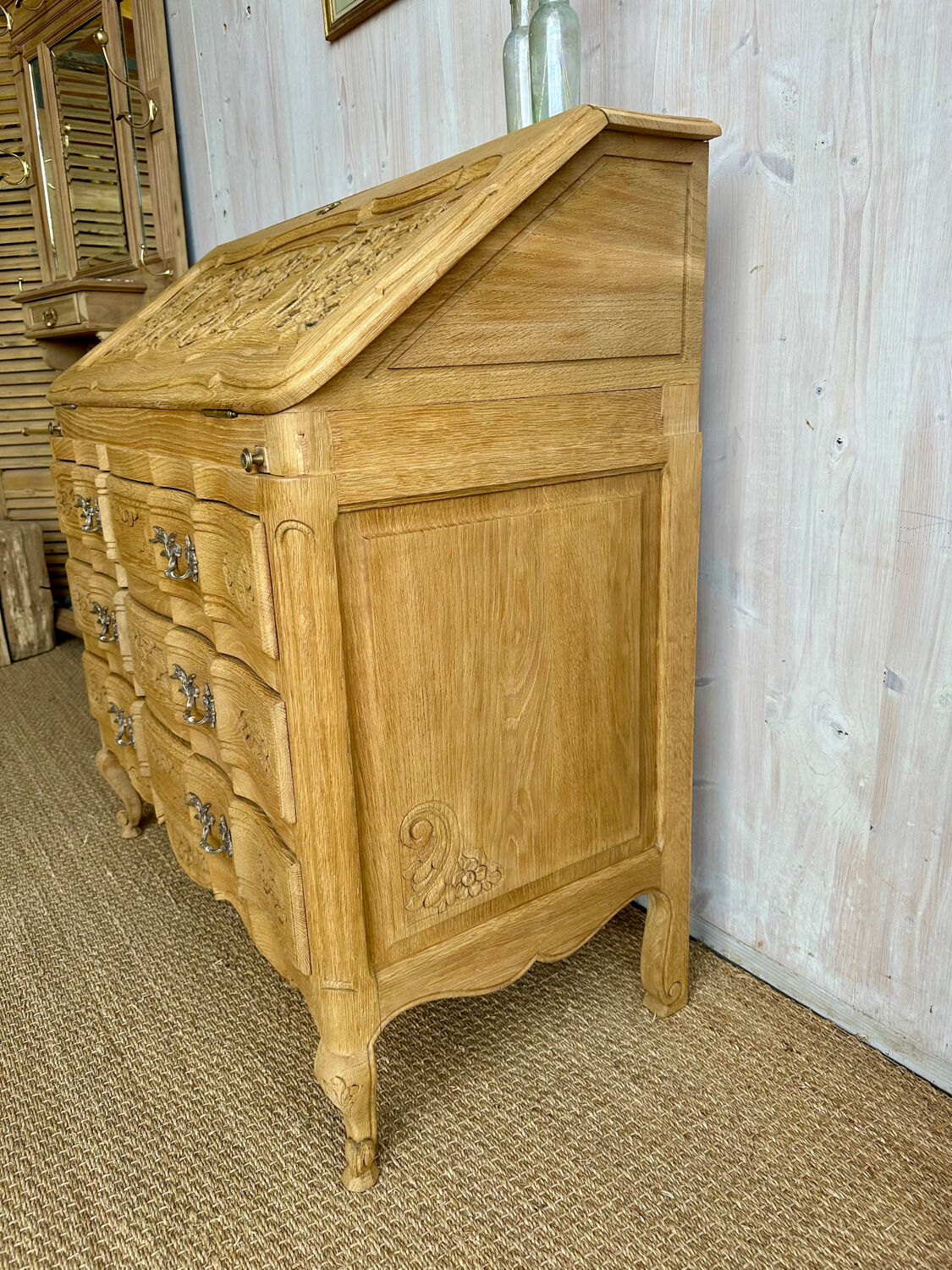 Antique oak secretary – light polished wood – Louis XV style