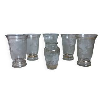 Six antique zoomorphic molded glass vases