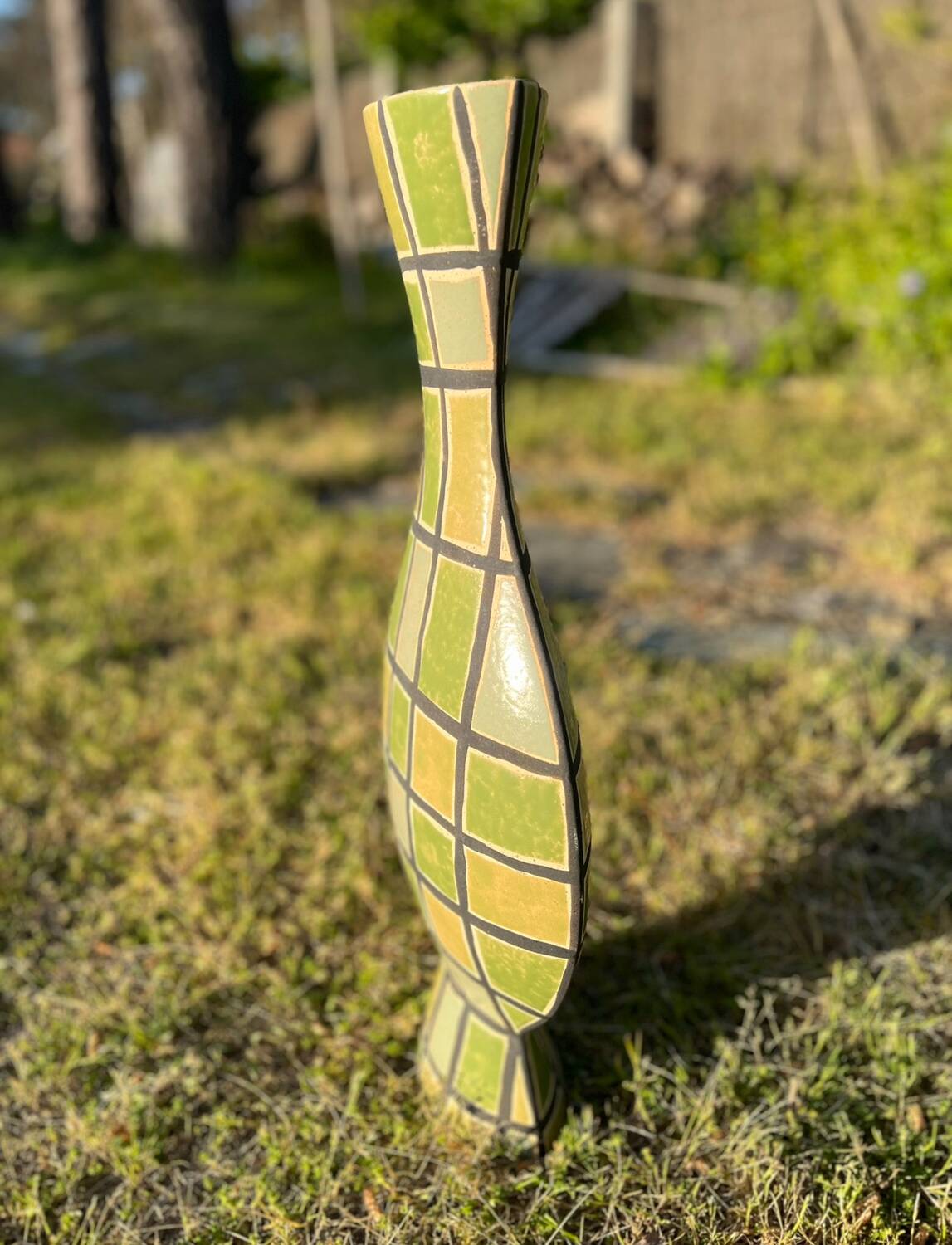 Large Art Deco olive green glazed ceramic vase