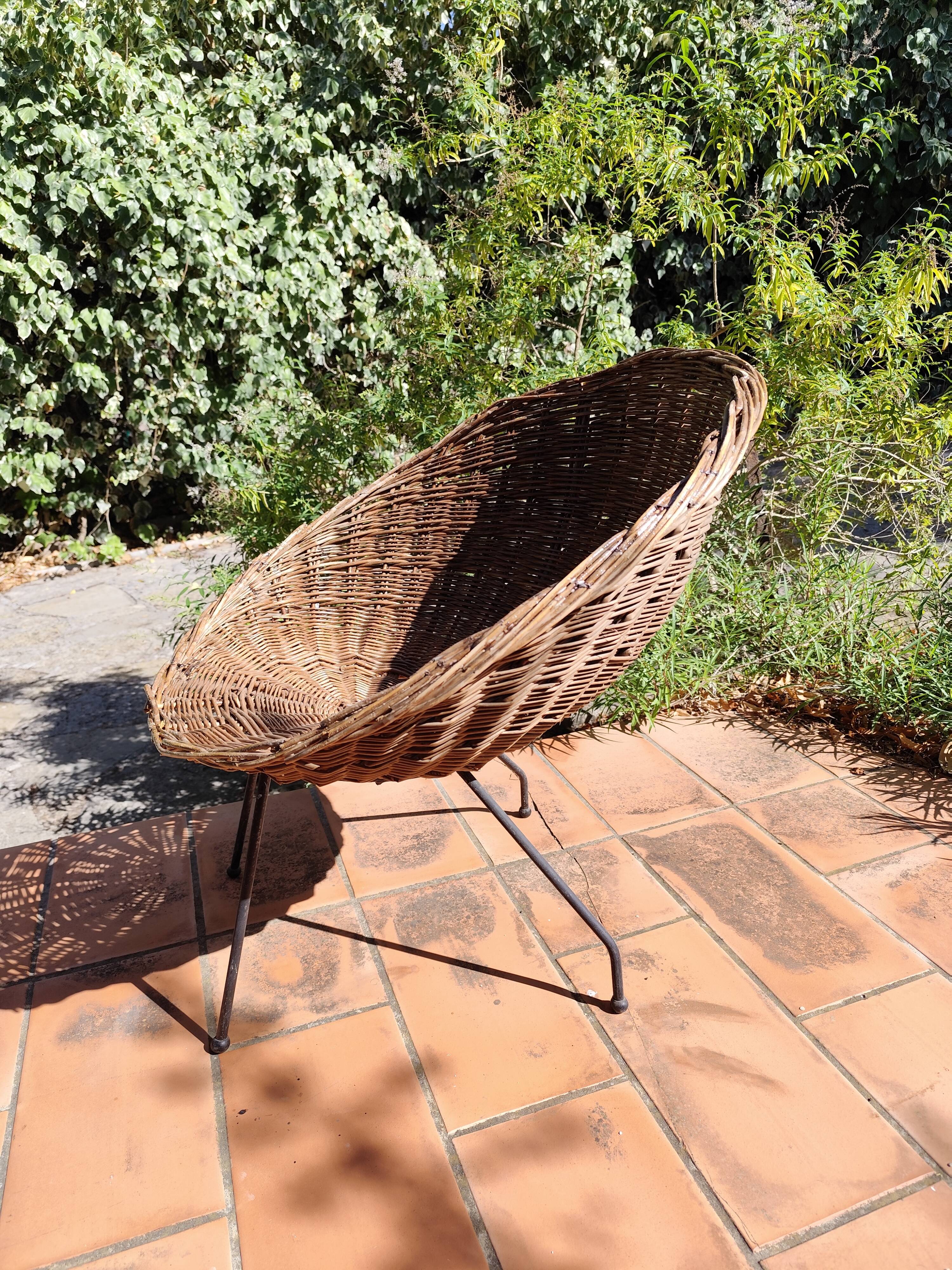Vintage 1950s rattan and wrought iron basket armchair