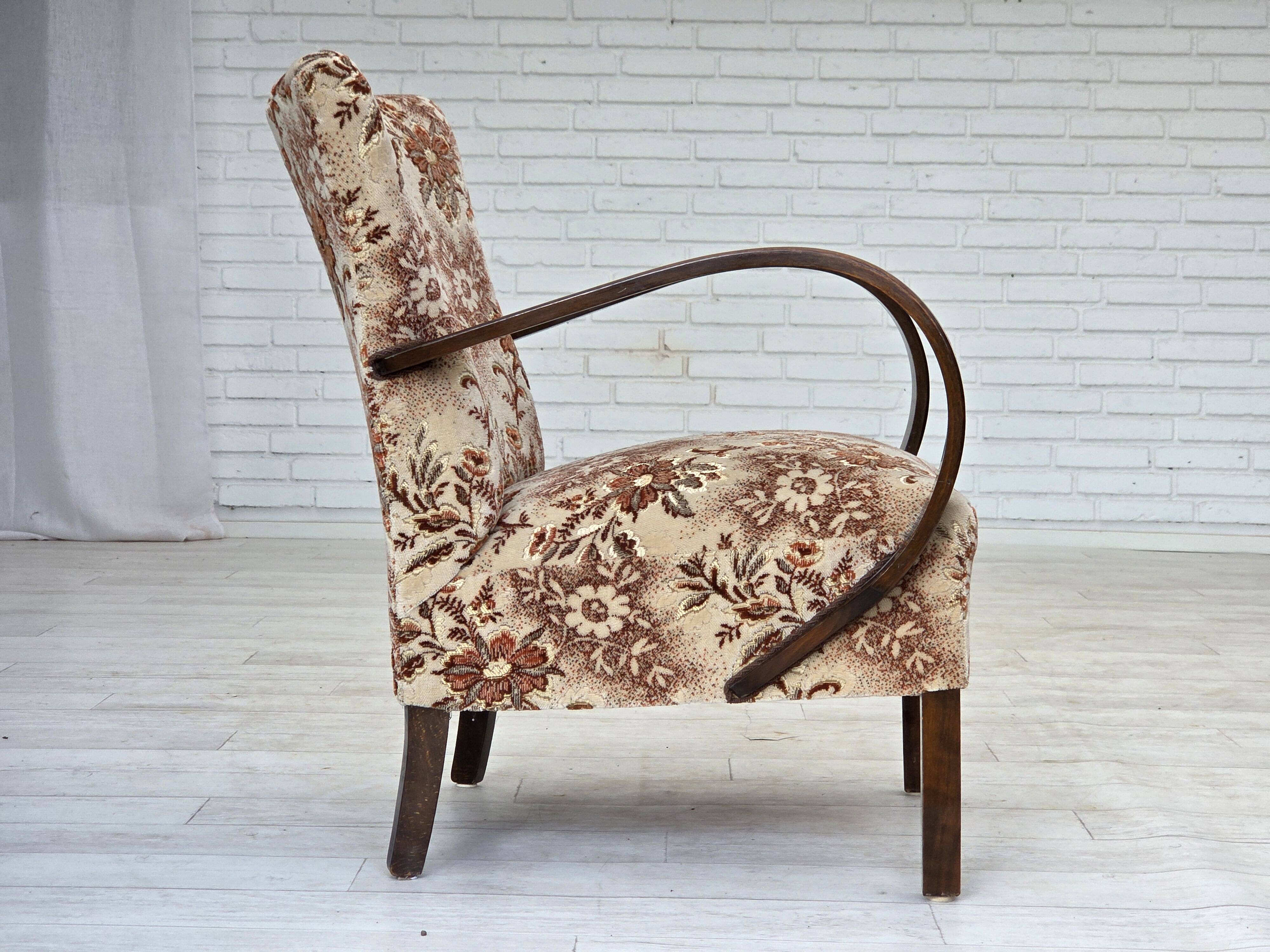 1950s, Danish artdeco armchair, furniture velour, beech wood, reupholstered