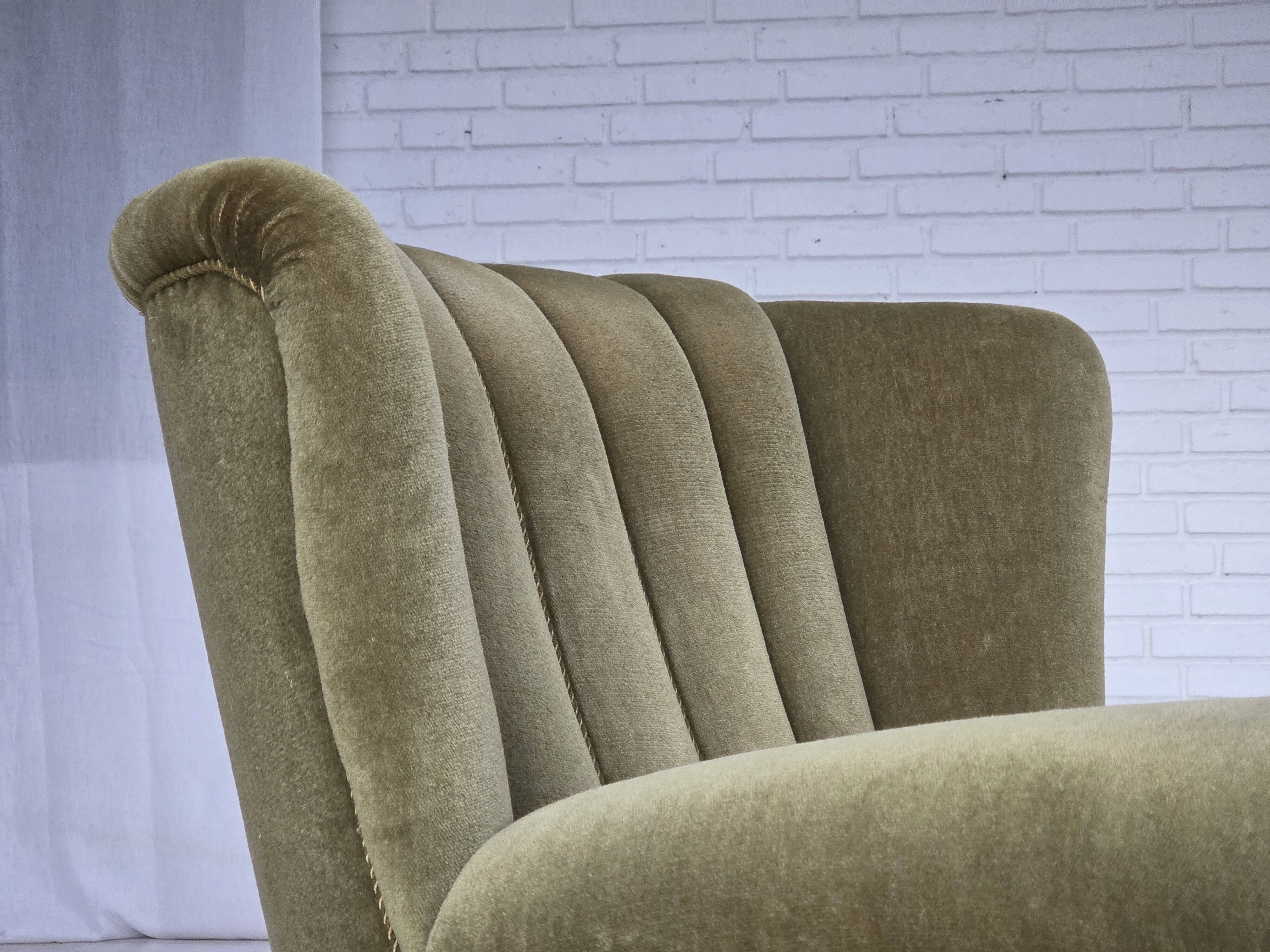 1960s, Danish relax armchair, original green furniture velour, beech wood.