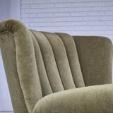 1960s, Danish relax armchair, original green furniture velour, beech wood.