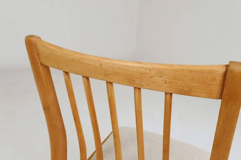 Vintage Dining Chairs Set of 4, Natural beech wood, Herringbone fabric