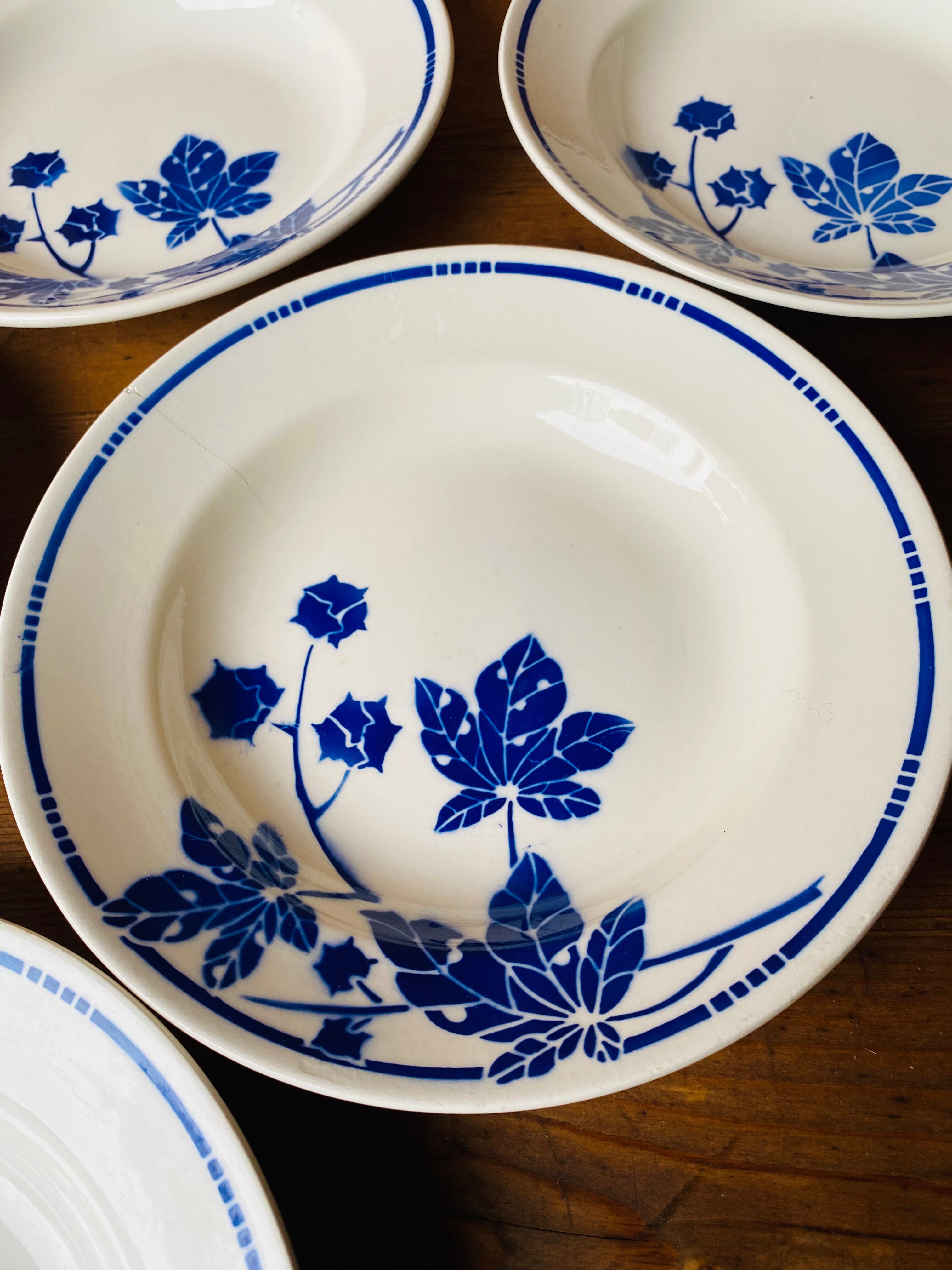 Set of 6 old hollow plates Badonvilleliers blue flower pattern