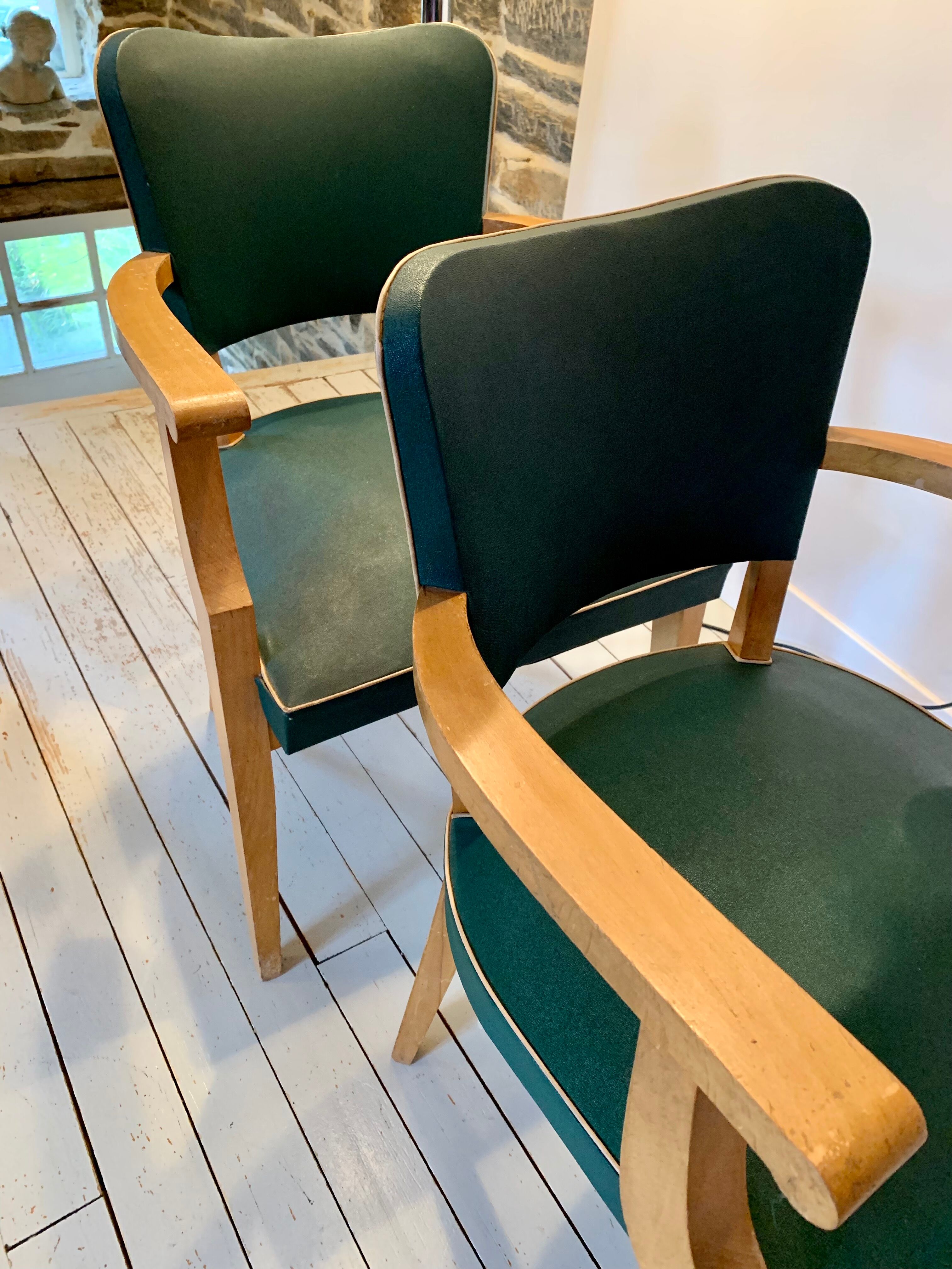 Pair of Art Deco green bridge armchairs