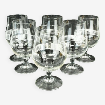 Set of 6 mid century cocktail glasses with beautiful decor 1950s 1960s glasses