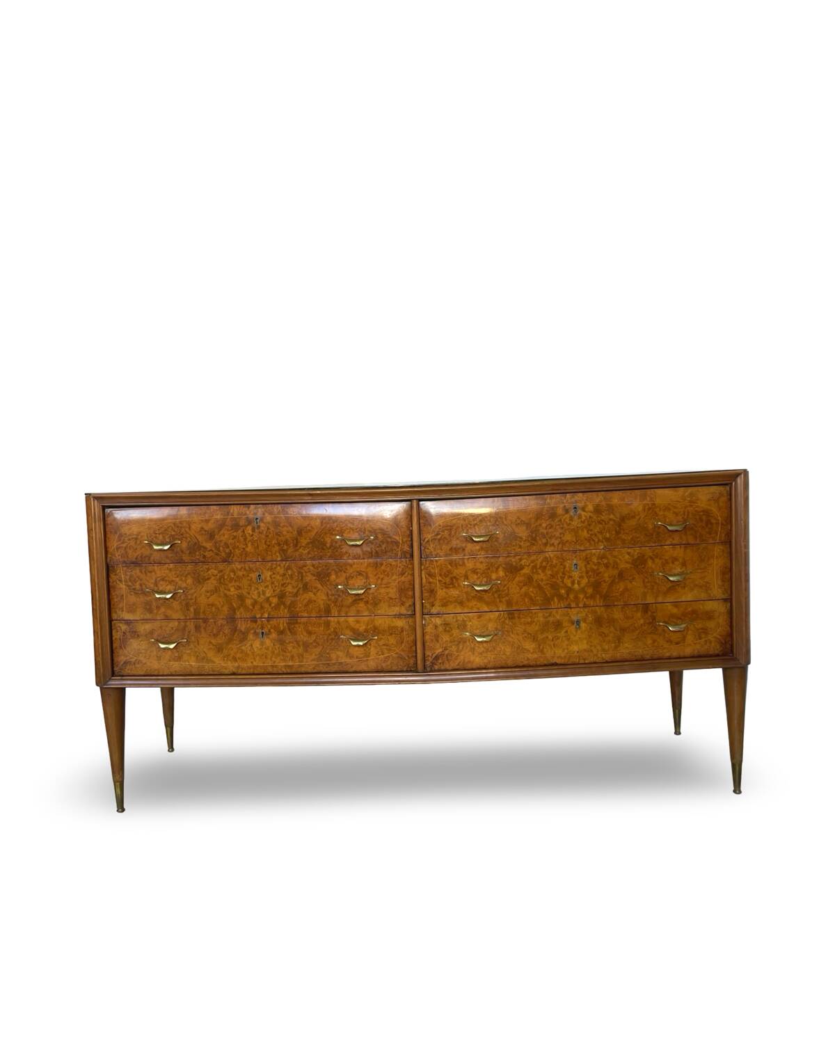 Veneered burl walnut chest of drawers with light warm brown glass top