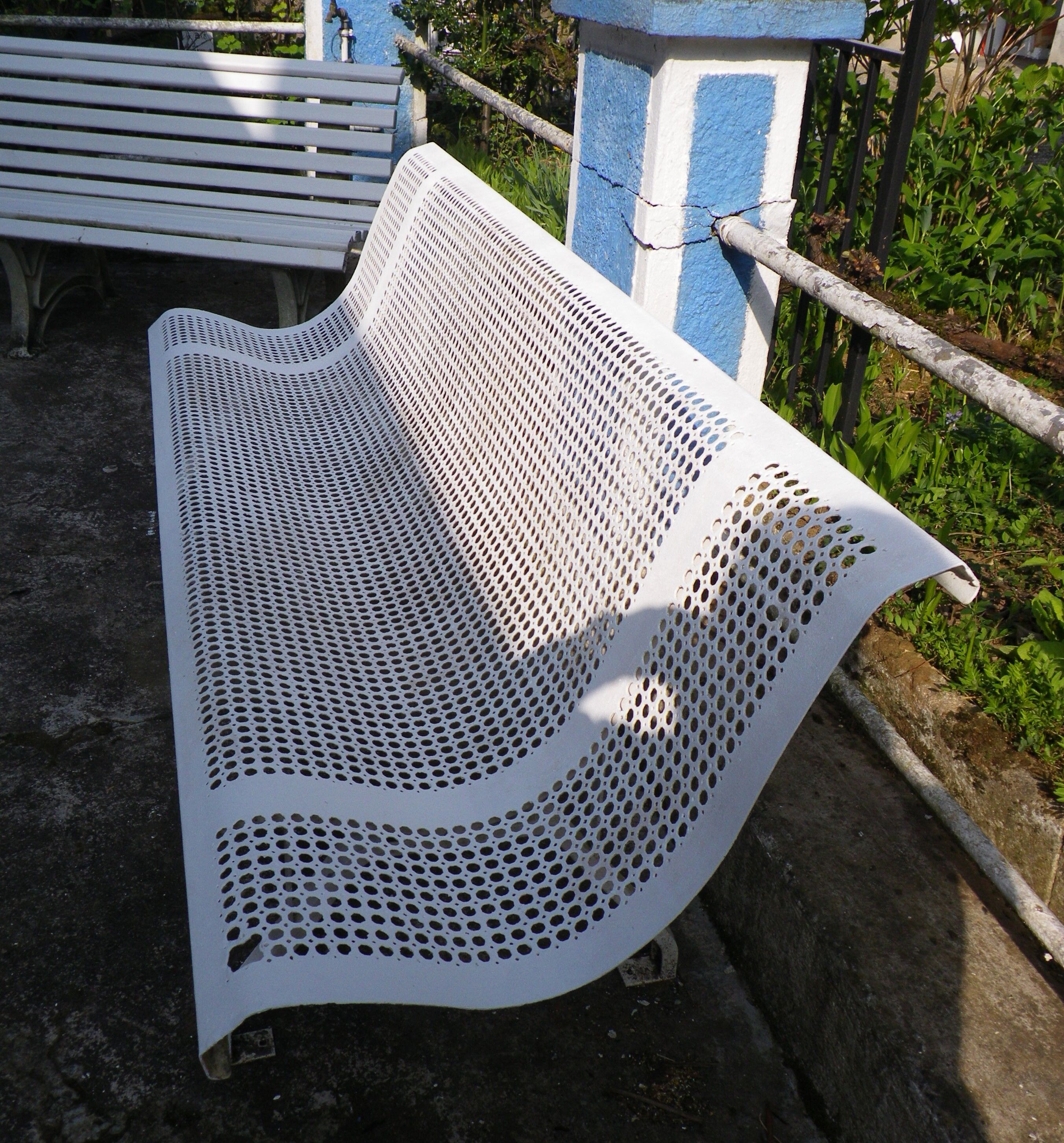 Old public wrought iron bench painted white - 50s