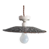 Old pendant light in speckled gray enameled sheet metal