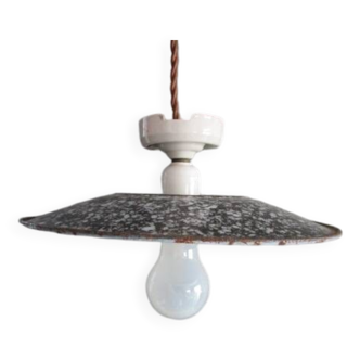 Old pendant light in speckled gray enameled sheet metal