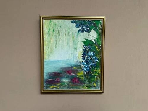 Mid-Century Oil on Canvas “Water Lilies” by Lena Larsson Framed 50 × 42 cm