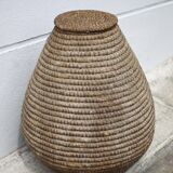Large old basket with lid, burgundy straw and bramble, woven basket
