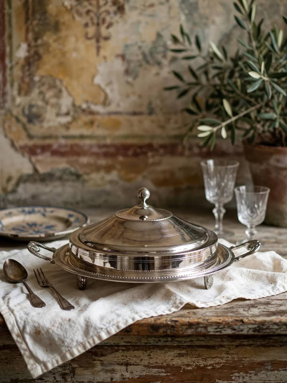 Rare vintage oriental covered serving dish in silver-plated metal, mid-20th century.