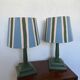 Pair of vintage wooden lamps with their striped beige, blue, and green shades.