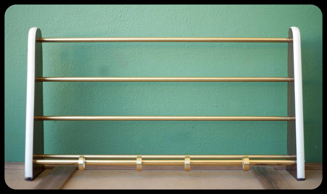 vintage formica and brass coat rack, cloakroom, hooks, hanger, shelf, hooks, coat hooks, decoration