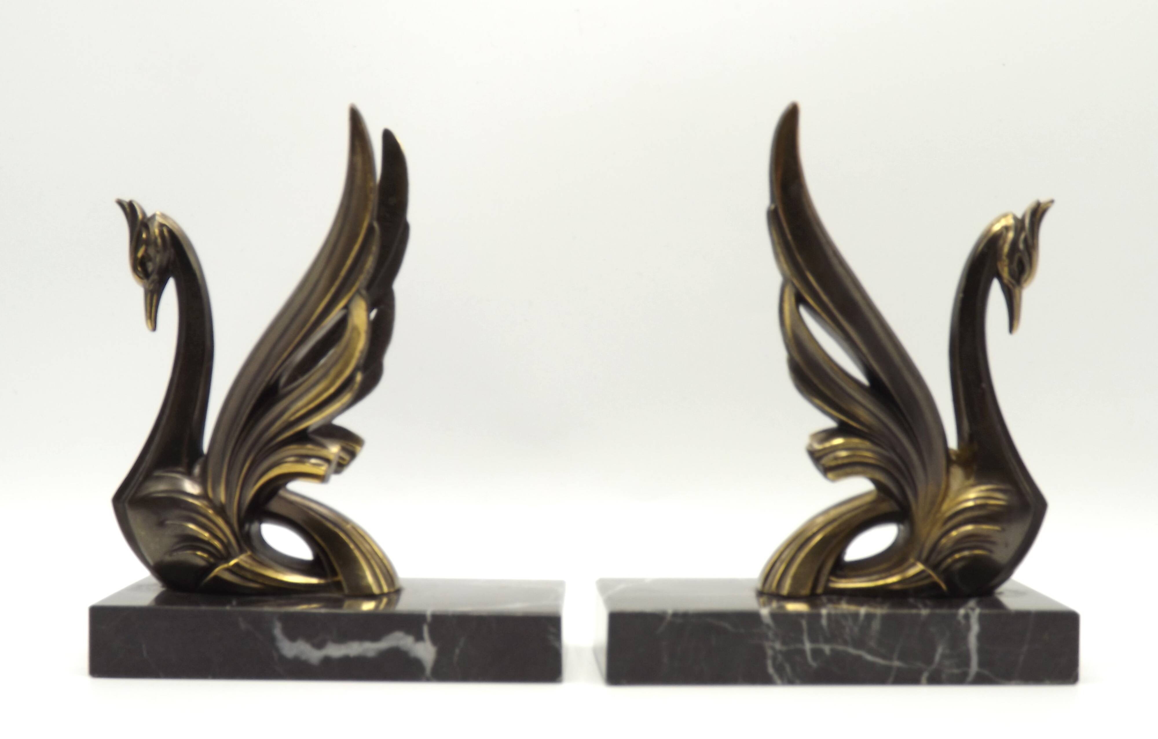 French Art Deco Bronzed Effect Spelter Swan Book Ends Black Marble Base