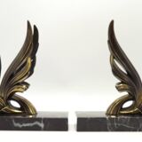 French Art Deco Bronzed Effect Spelter Swan Book Ends Black Marble Base