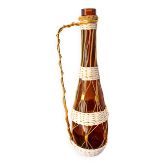 large bottle in white scoubidou, amber glass and brass 70s