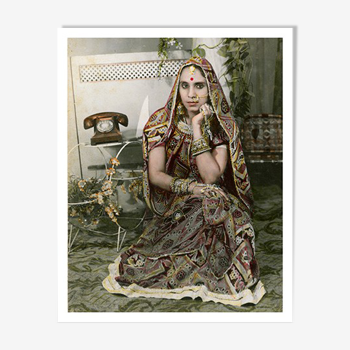 Woman on phone photography portrait painted Rajasthan 60s