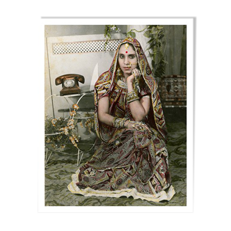 Woman on phone photography portrait painted Rajasthan 60s