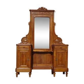 Walnut dressing table with beveled mirror, storage and marble top
