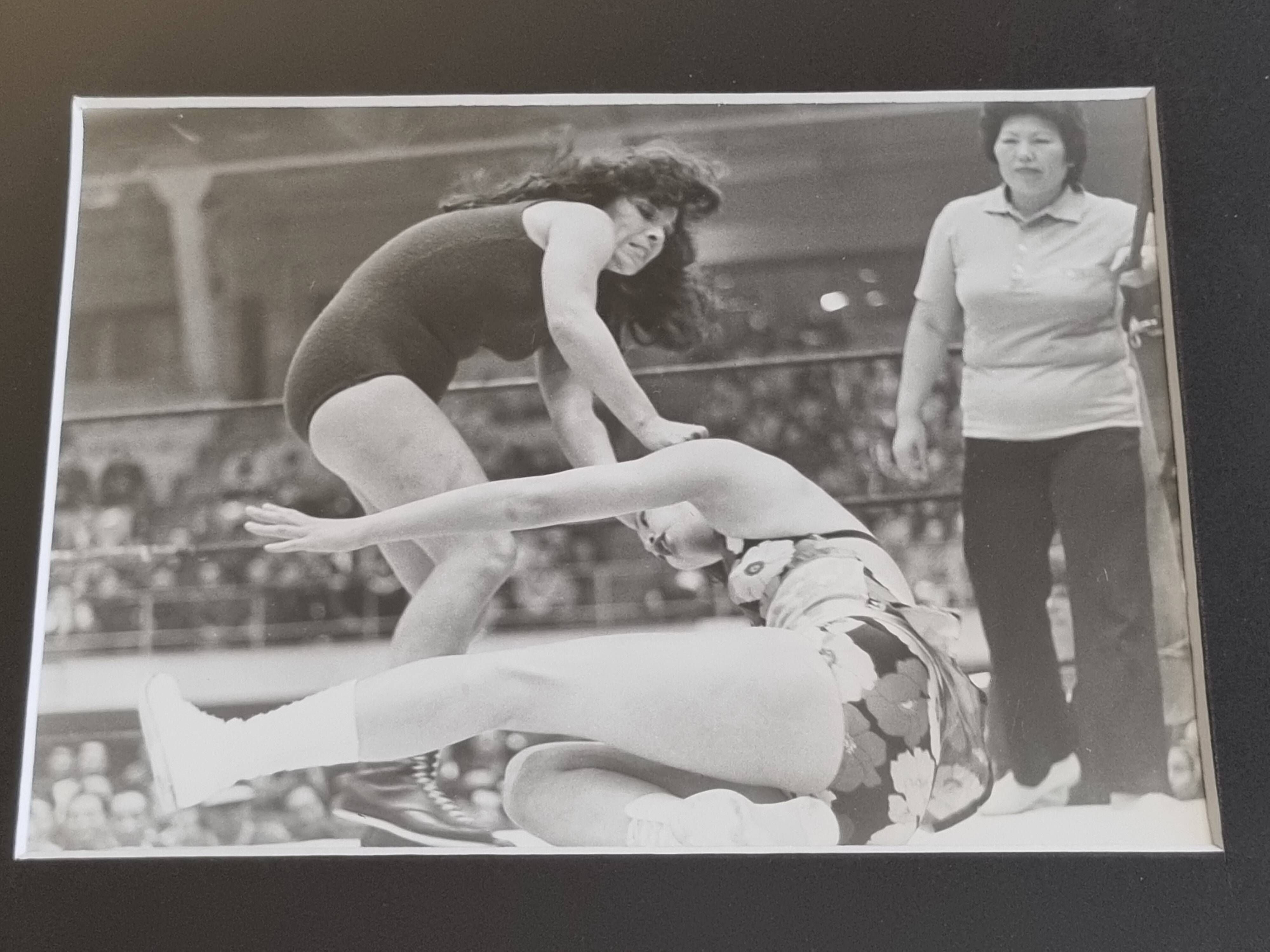 Vintage framed silver prints, women's wrestling, 1960s, 31 x 41 cm