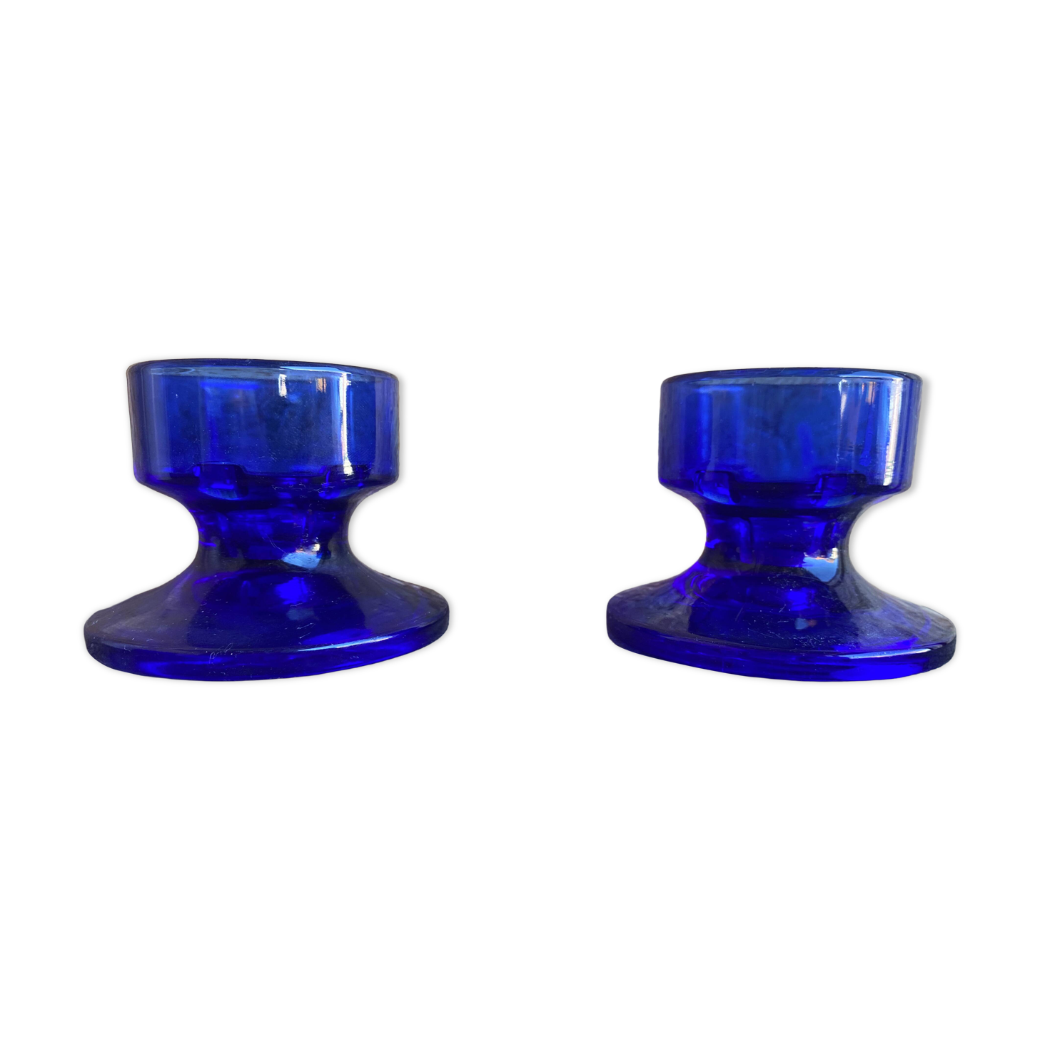 Pair of Vintage Cobalt Blue Moulded Glass Candle Holders #D991