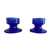 Pair of Vintage Cobalt Blue Moulded Glass Candle Holders #D991