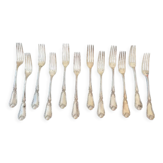 Série de 12 fourchettes de table, modèle Pompadour en argent massif, Jean Emile Puiforcat