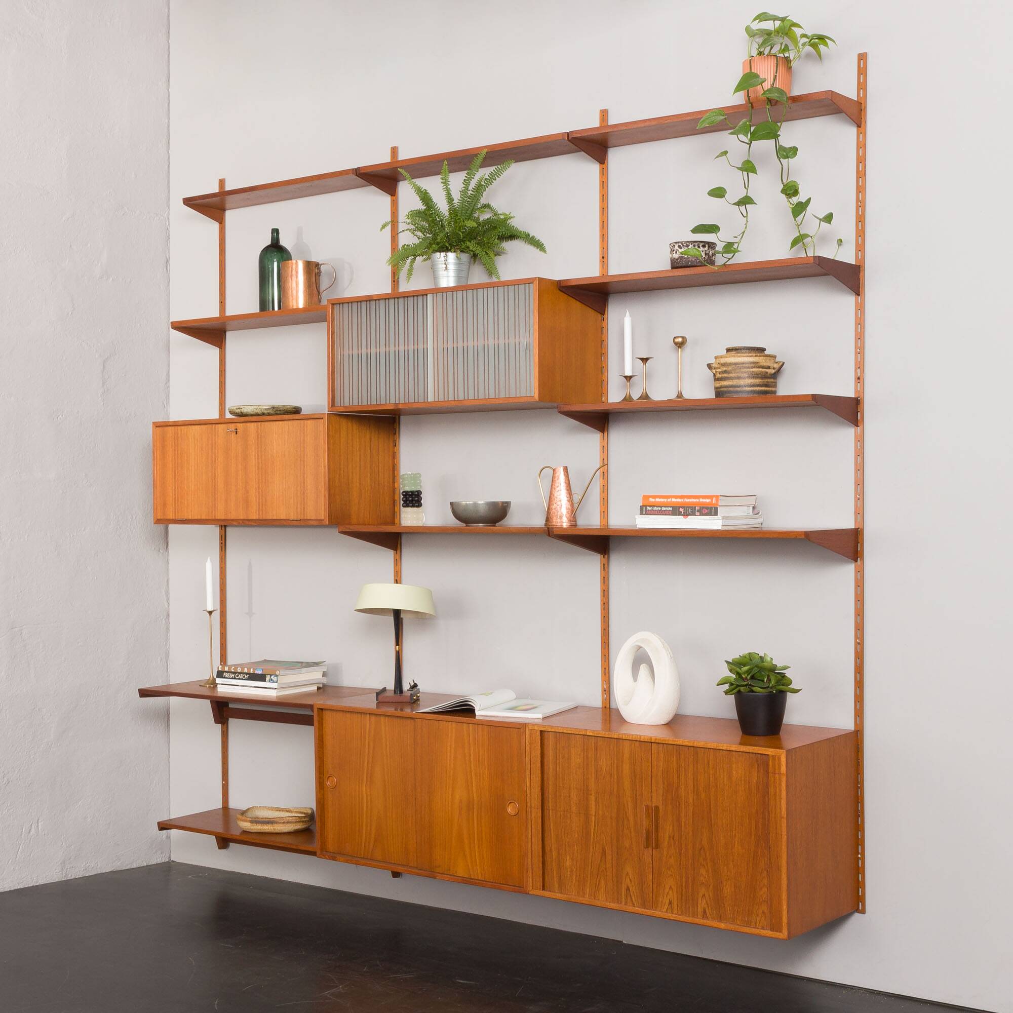 Bibliothèque modulaire à 3 baies Kai Kristiansen en teck avec armoire à porte tambour et étagère de bureau, De