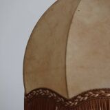 Table lamp in turned wood and umbrella-style leather lampshade