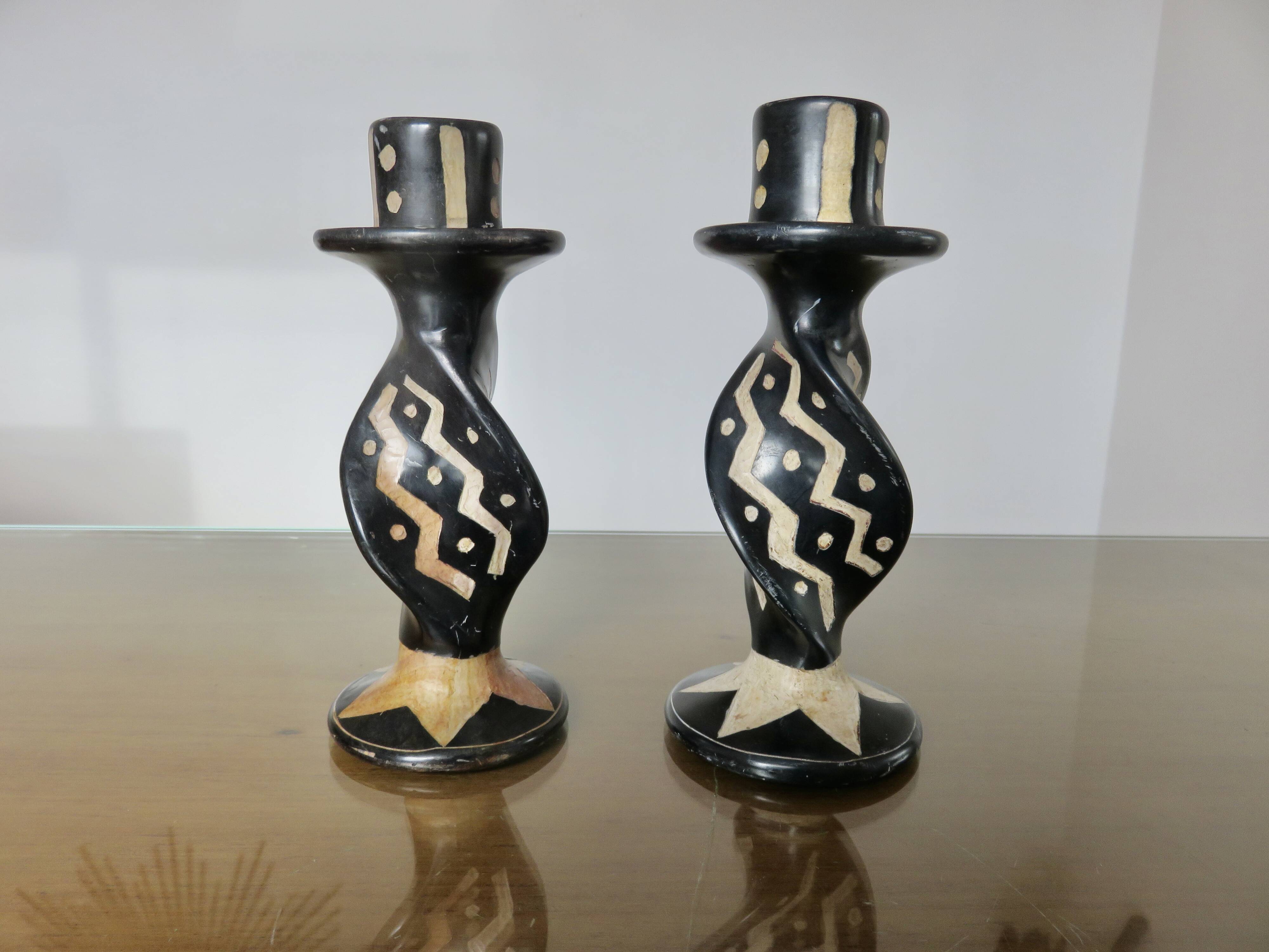 Pair of ethnic soapstone candlesticks, African craftsmanship 1980