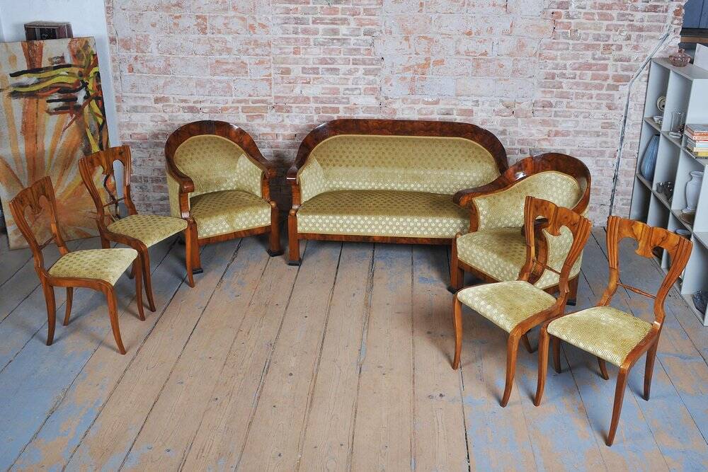 Empire Upholstered and Inlaid Walnut Living Room Set, Austria, 1810s, Set of 3