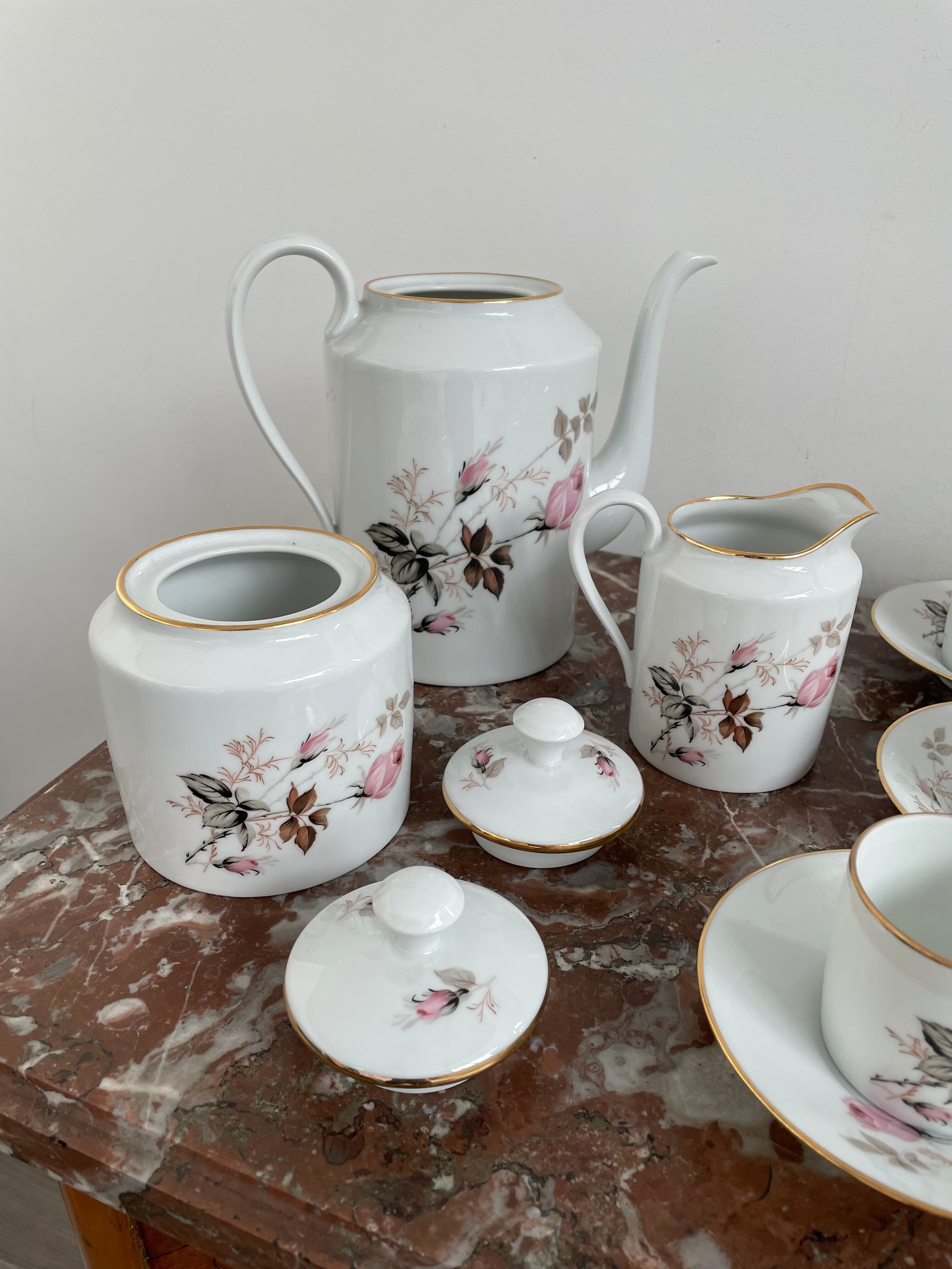Vintage, coffee service, tea, Limoges, Flowers, cipher, 11 cups and under cups, teapot, 27 pieces