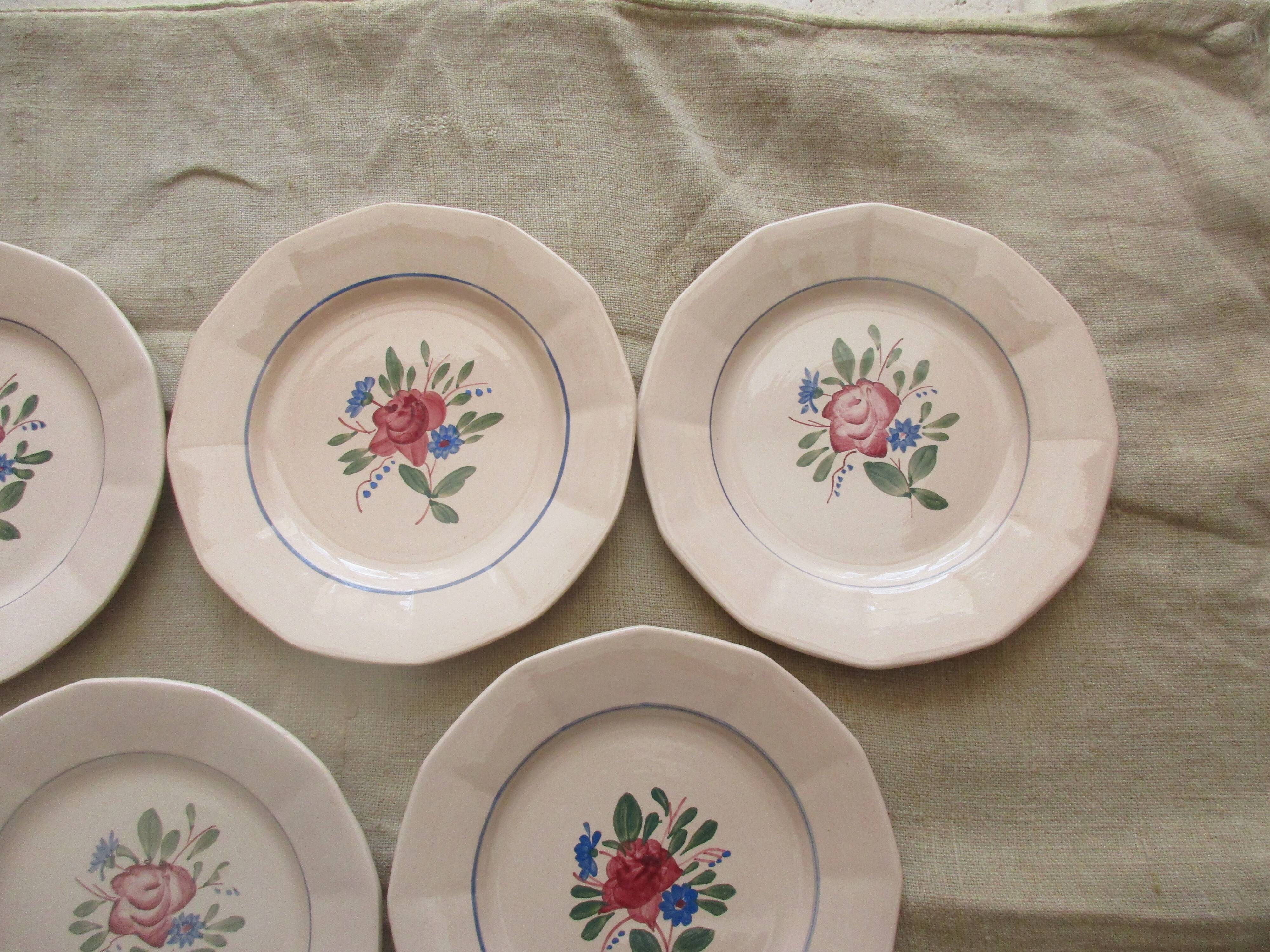 6 plates a decor floral on pink background faience digoin sarreguemine
