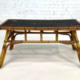 50s/60s coffee table in rattan and ceramic