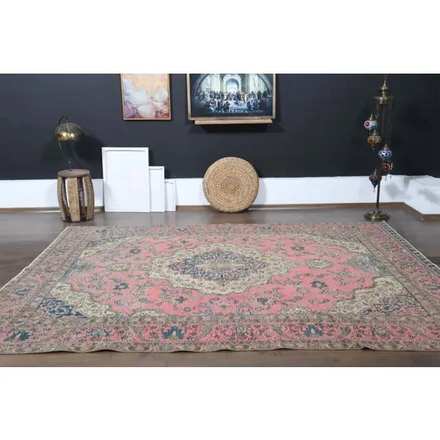1970s vintage Persian handmade wool cotton pink oversized area rug  223x313