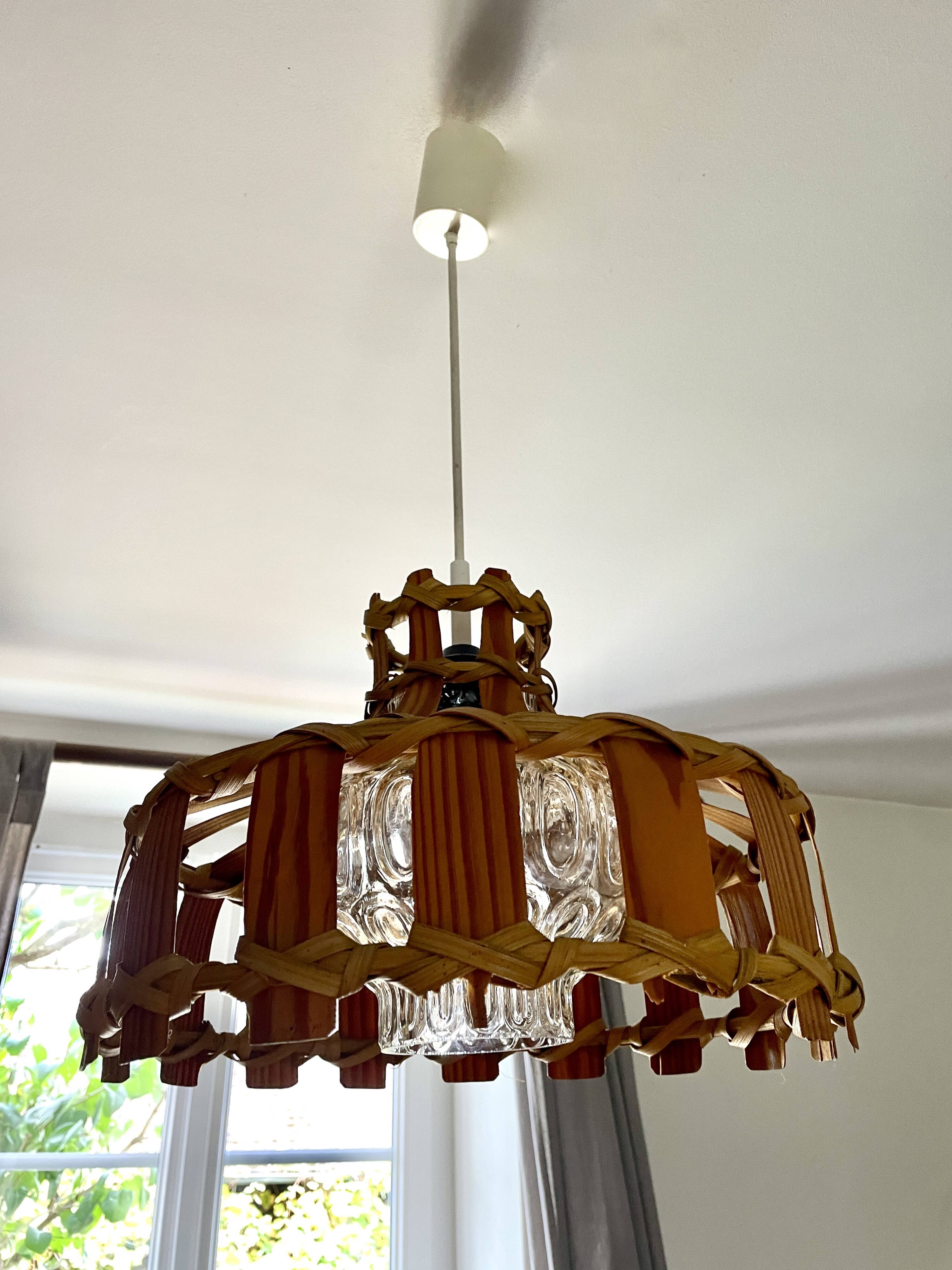 Scandinavian pendant light with wood veneer and bubble glass, 1970