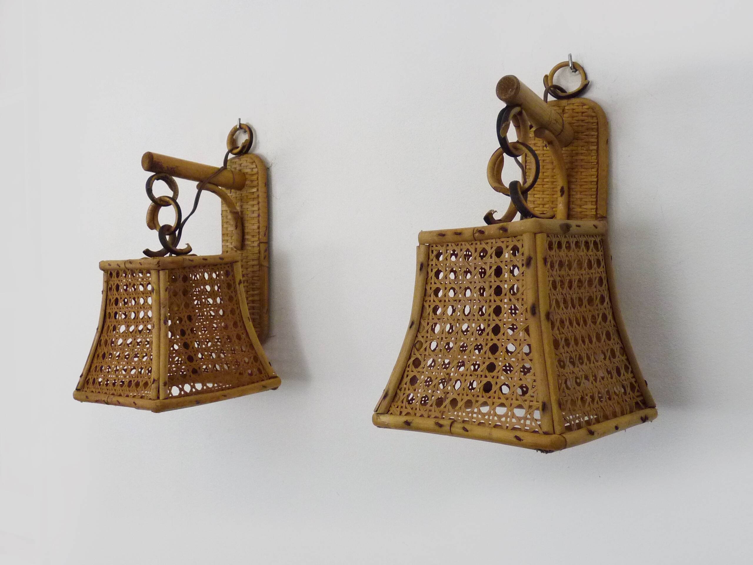 Pair of rattan and cane lantern wall lights. 1950s-1960s