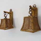 Pair of rattan and cane lantern wall lights. 1950s-1960s