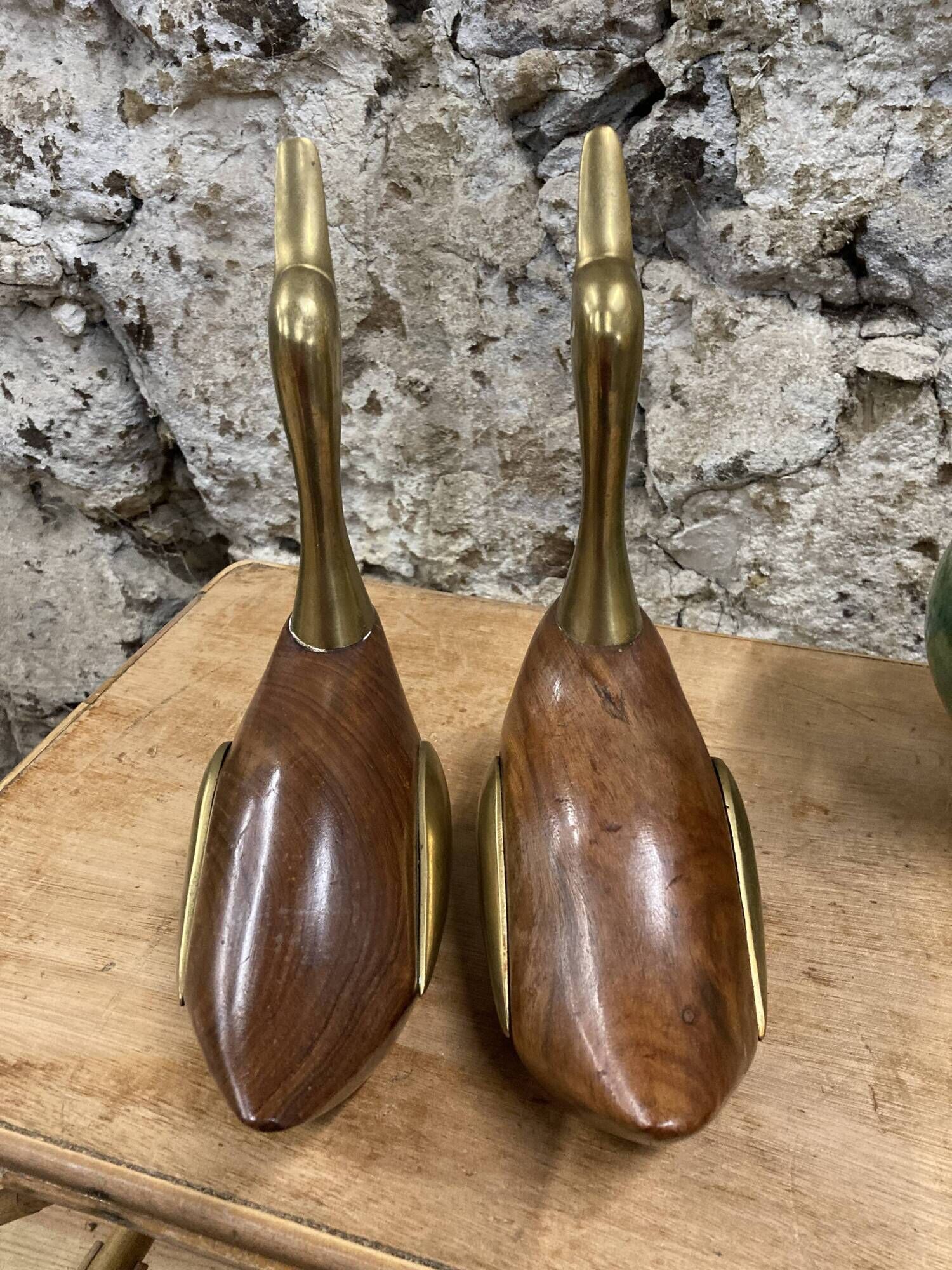 Pair of duck or swan in wood and brass sculpture