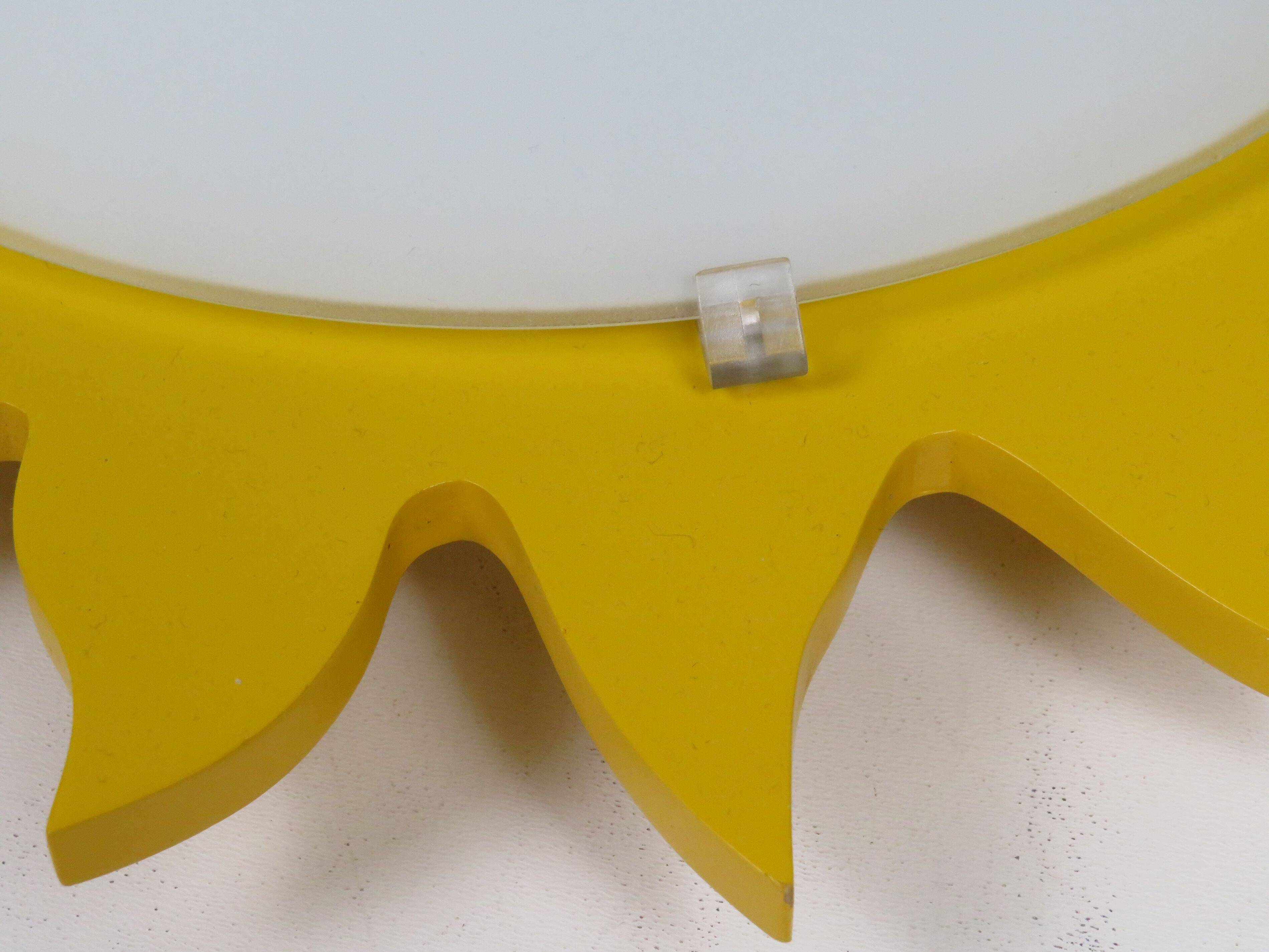 Vintage "sun" ceiling light Massive Belgium in opaline glass and lacquered wood.
